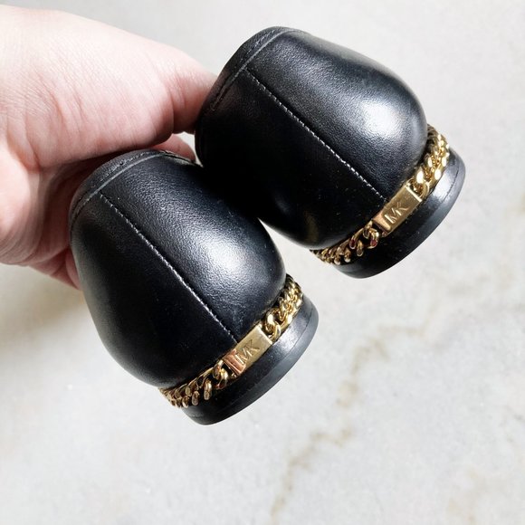 Michael Kors black & gold ballet flats / shoes, bows, MK logo charm, chain heel - Picture 3 of 9